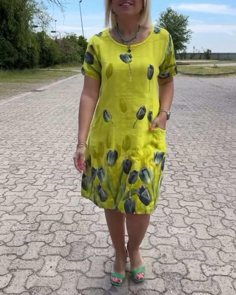 Lässiges Kleid mit Blumenmuster, Rundhalsausschnitt und Tasche