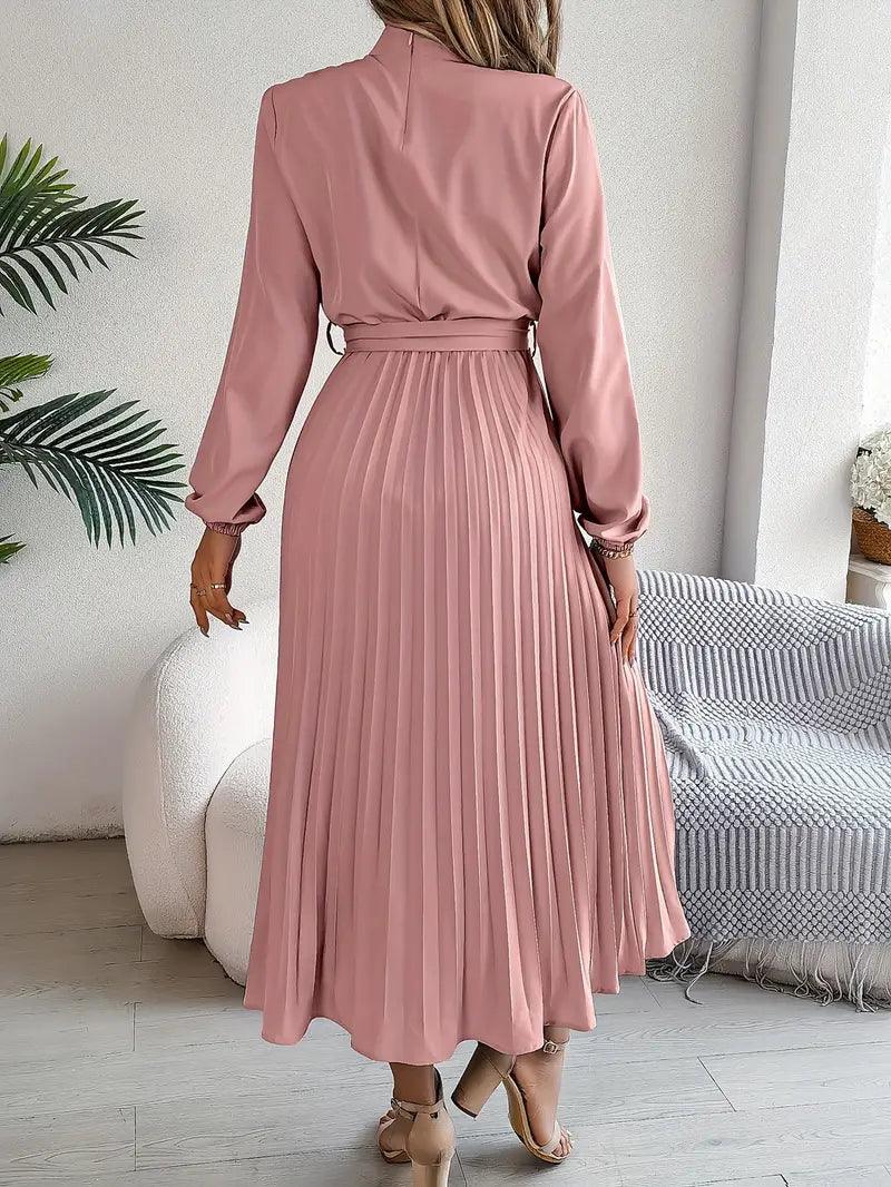 Layla – einfarbiges kleid mit stehkragen und faltengürtel - LOVEZOE