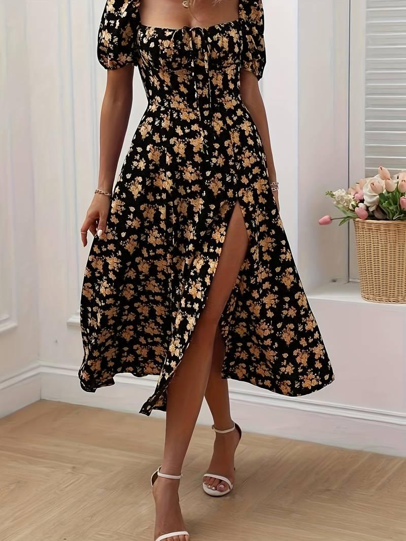 Ava – florales a-linien-kleid mit geteiltem saum für den frühling - LOVEZOE