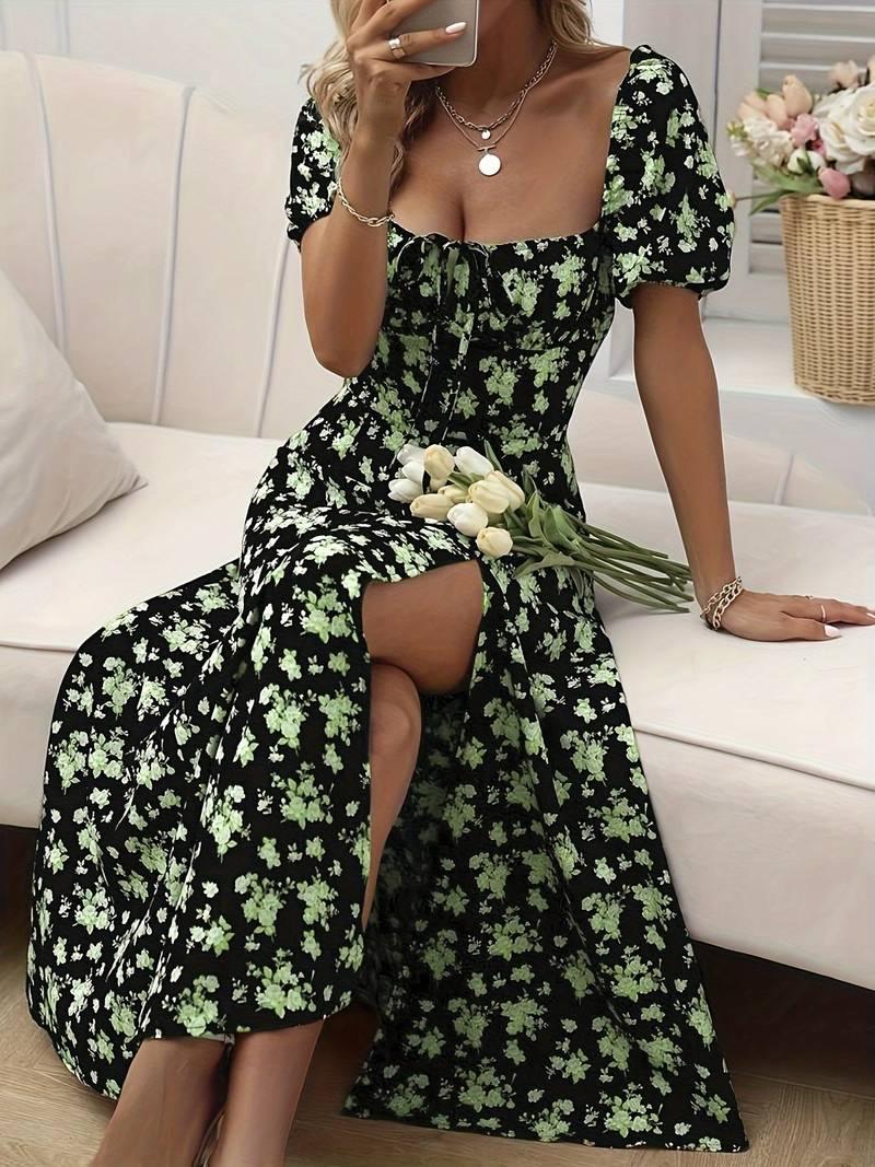 Ava – florales a-linien-kleid mit geteiltem saum für den frühling - LOVEZOE