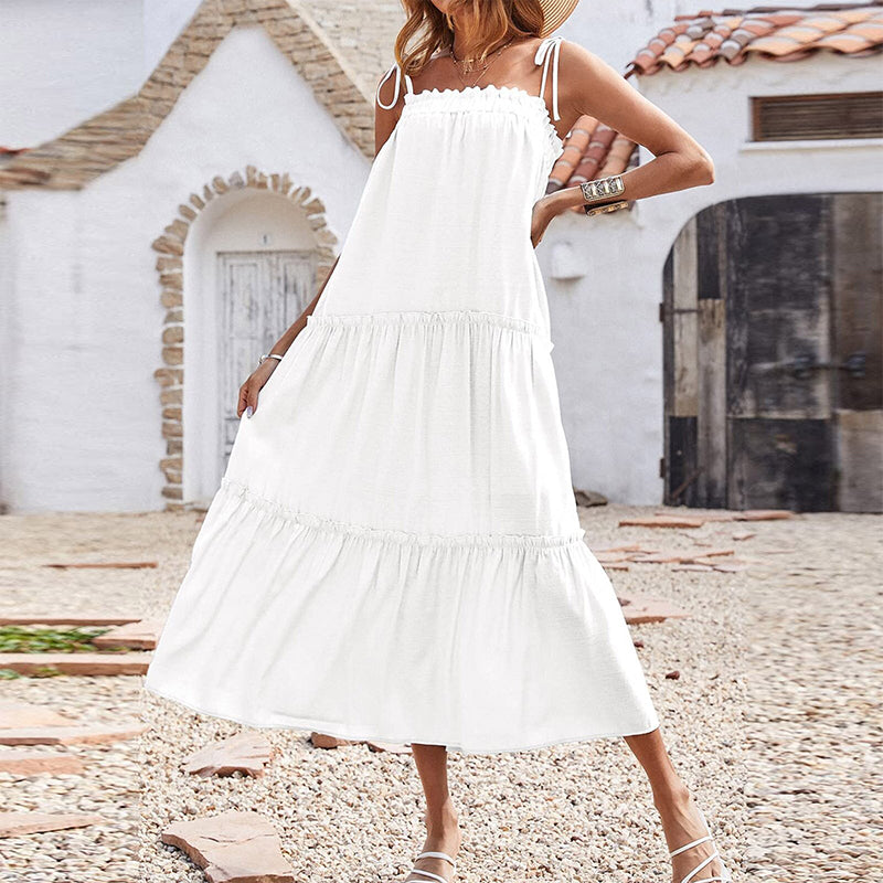 Ärmelloses Fließendes Plissiertes Strandkleid