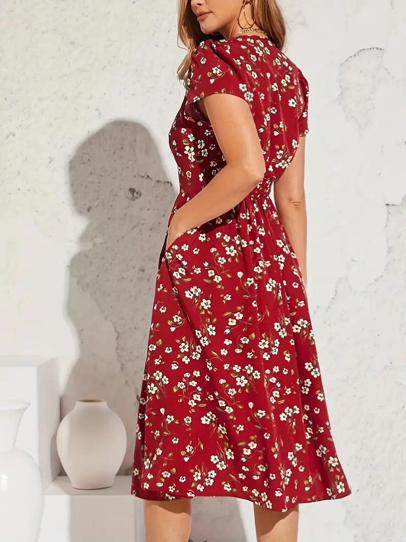 Aria – kurzärmliges kleid mit blumendruck und v-ausschnitt - LOVEZOE