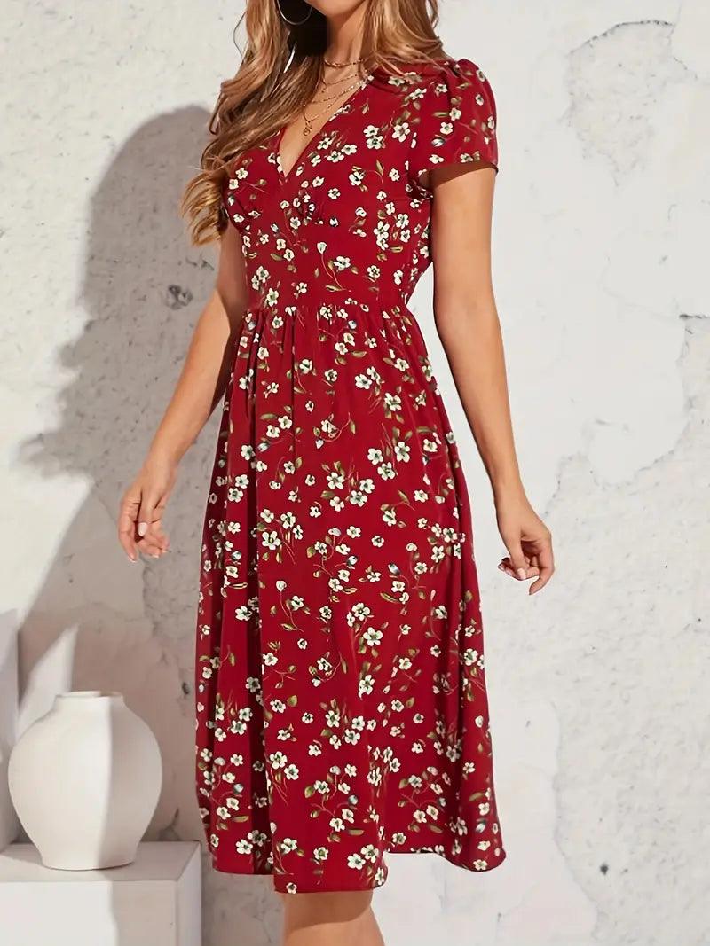 Aria – kurzärmliges kleid mit blumendruck und v-ausschnitt - LOVEZOE