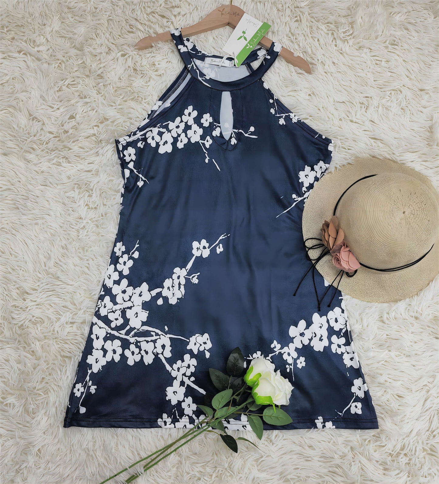 PureWear® - Weißes Cherry Blossom Navy Schlüssellochhalter-Minikleid