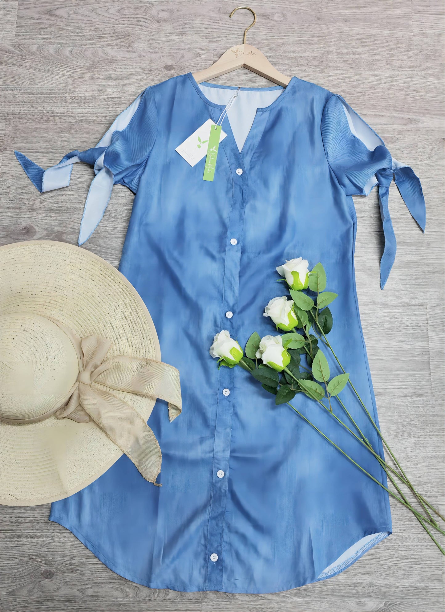 FallStil® - Chambray Minikleid mit V-Ausschnitt und geteilten Ärmeln