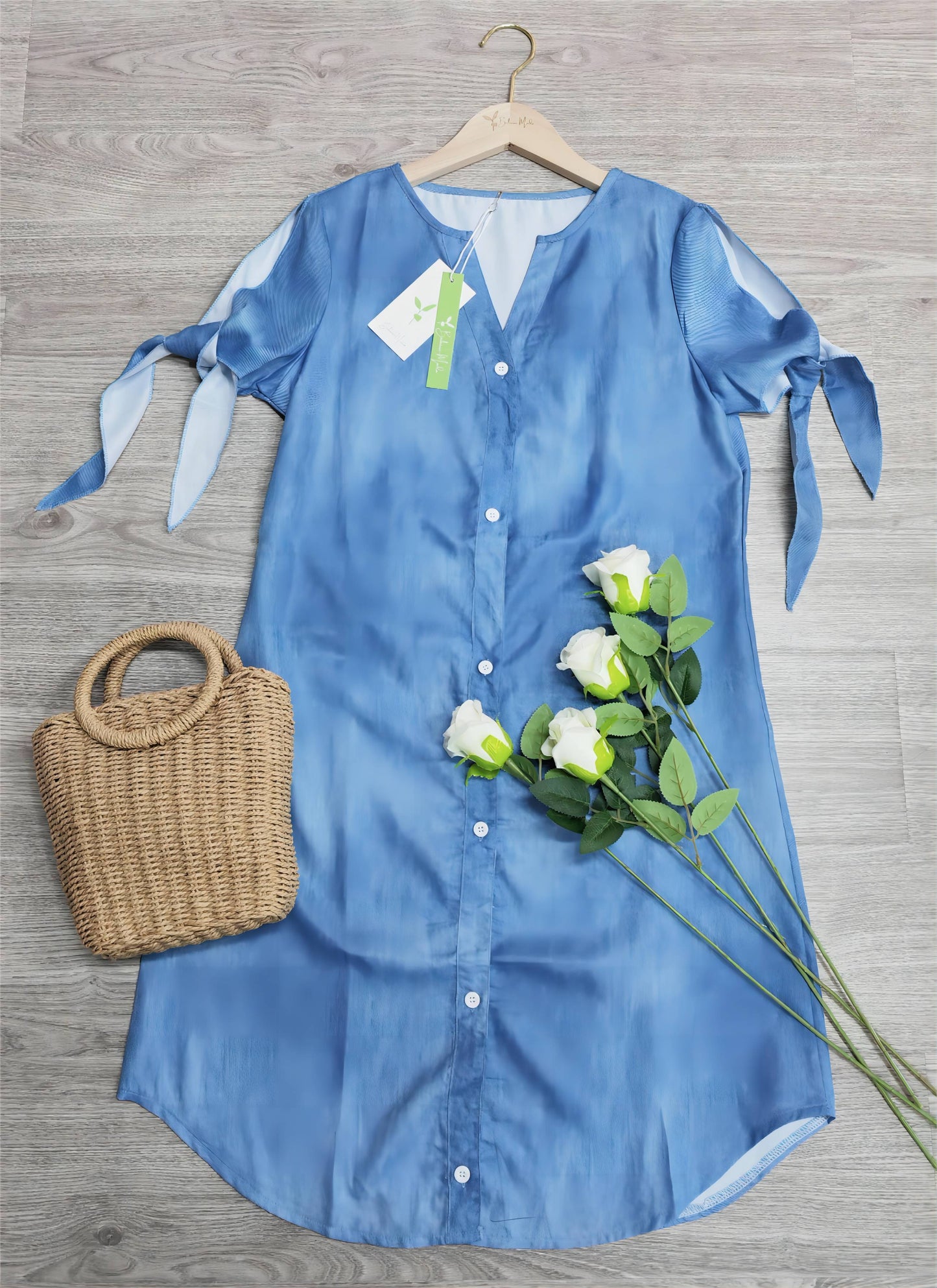 FallStil® - Chambray Minikleid mit V-Ausschnitt und geteilten Ärmeln