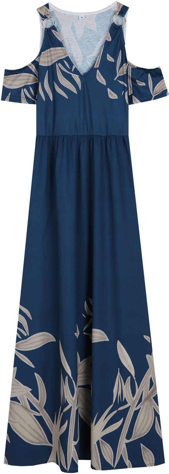 SpringStil® - Kobaltblaues Sommer-Maxi-Kleid mit plissiertem V-Ausschnitt und kalten Schultern