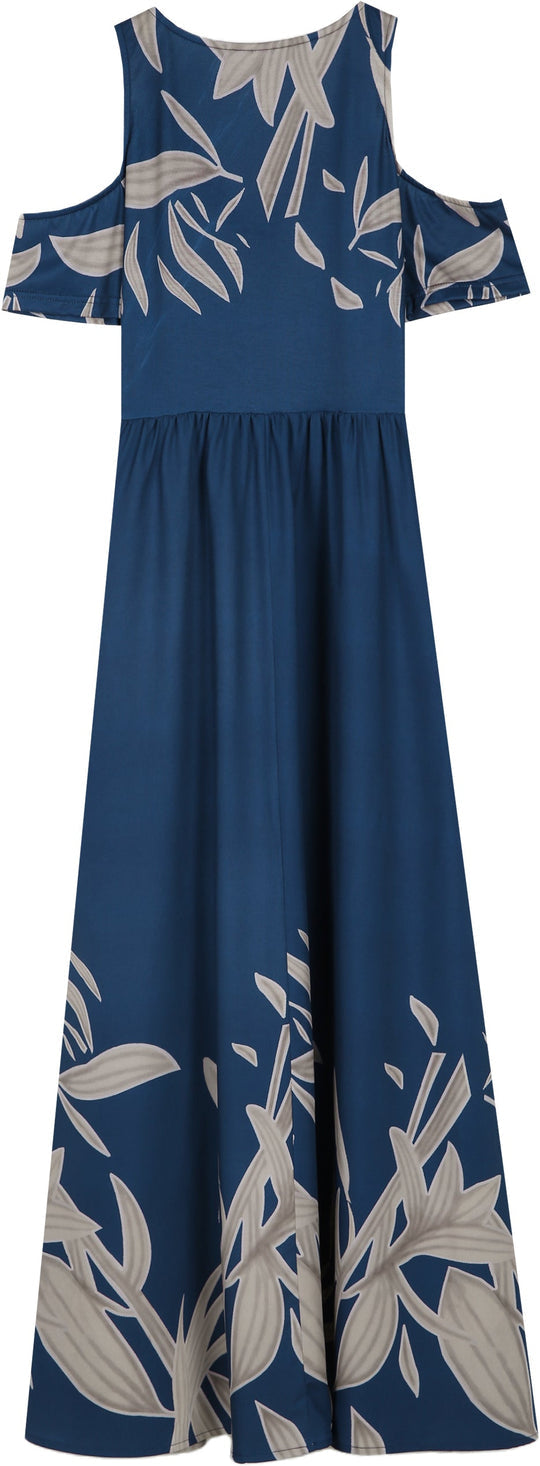 Purewear®- Kobaltblaues Sommer-Maxi-Kleid mit plissiertem V-Ausschnitt und kalten Schultern