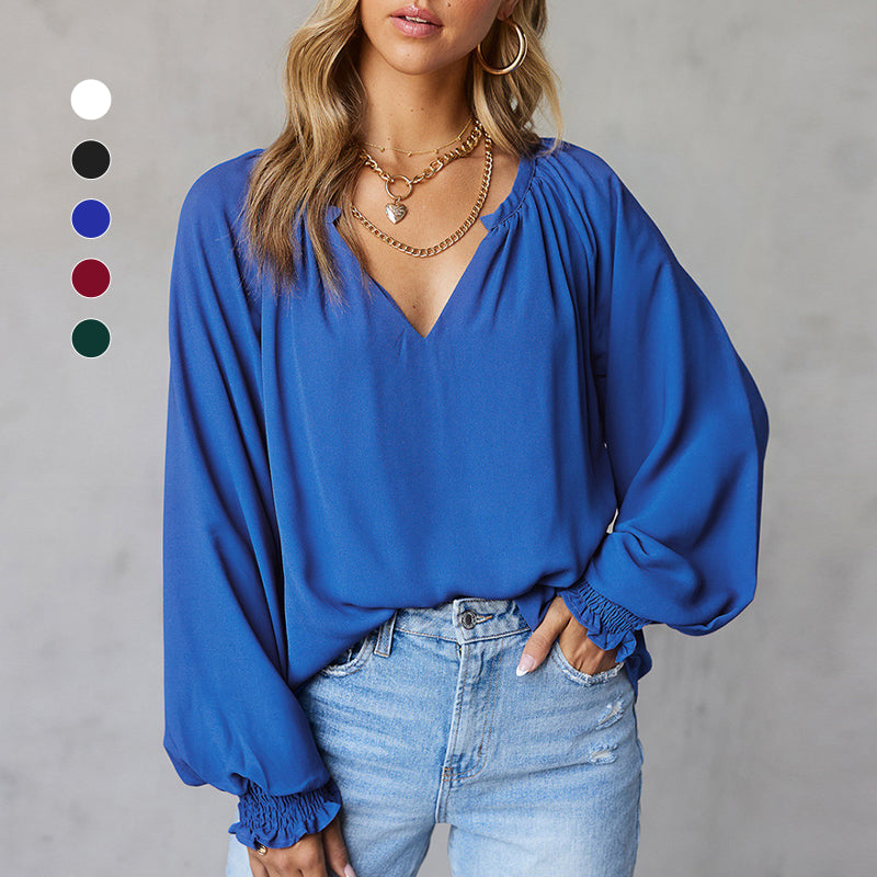 Chiffonbluse mit Ballonärmeln und V-Ausschnitt