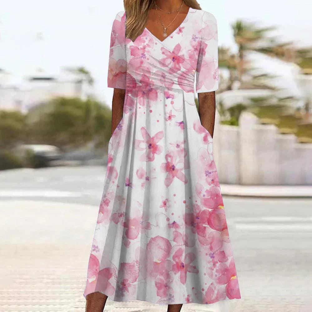 Lily – süßes rosa geblümtes midikleid mit seitentaschen - LOVEZOE