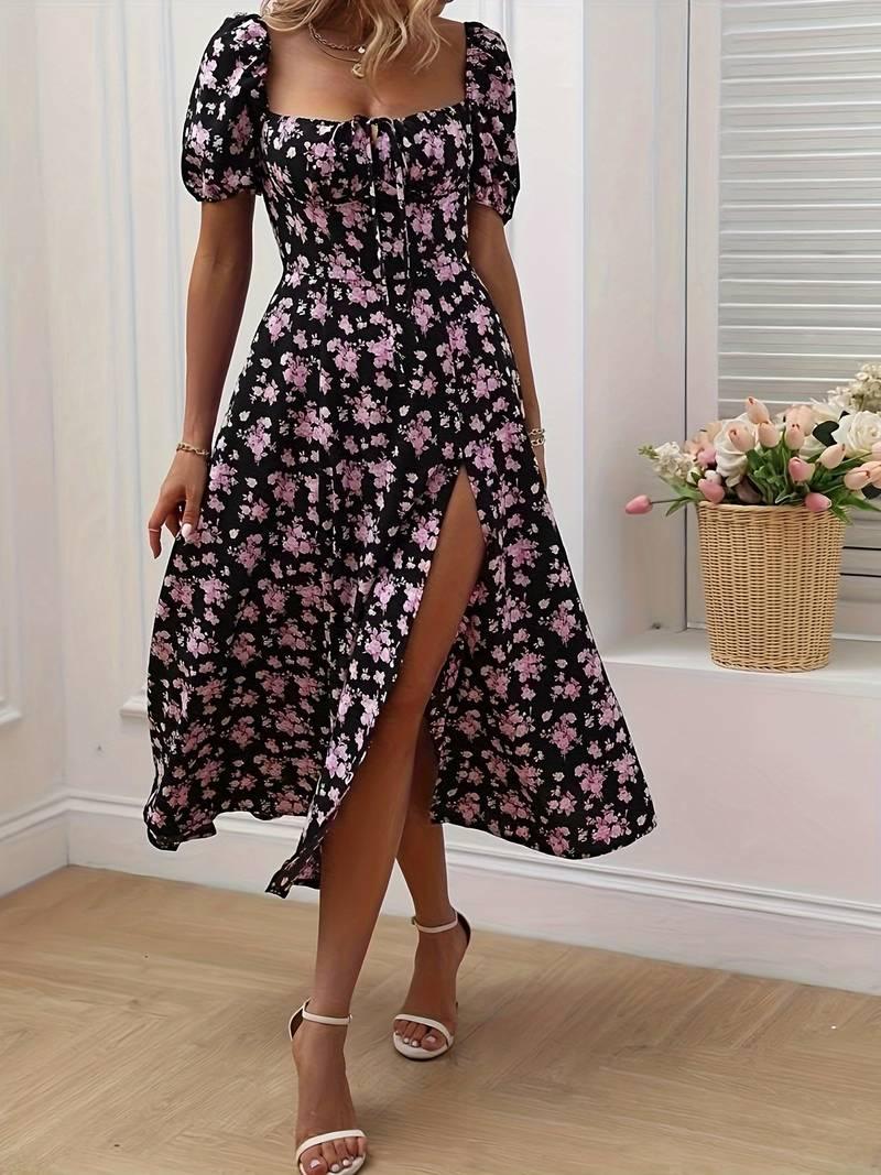 Ava – florales a-linien-kleid mit geteiltem saum für den frühling - LOVEZOE