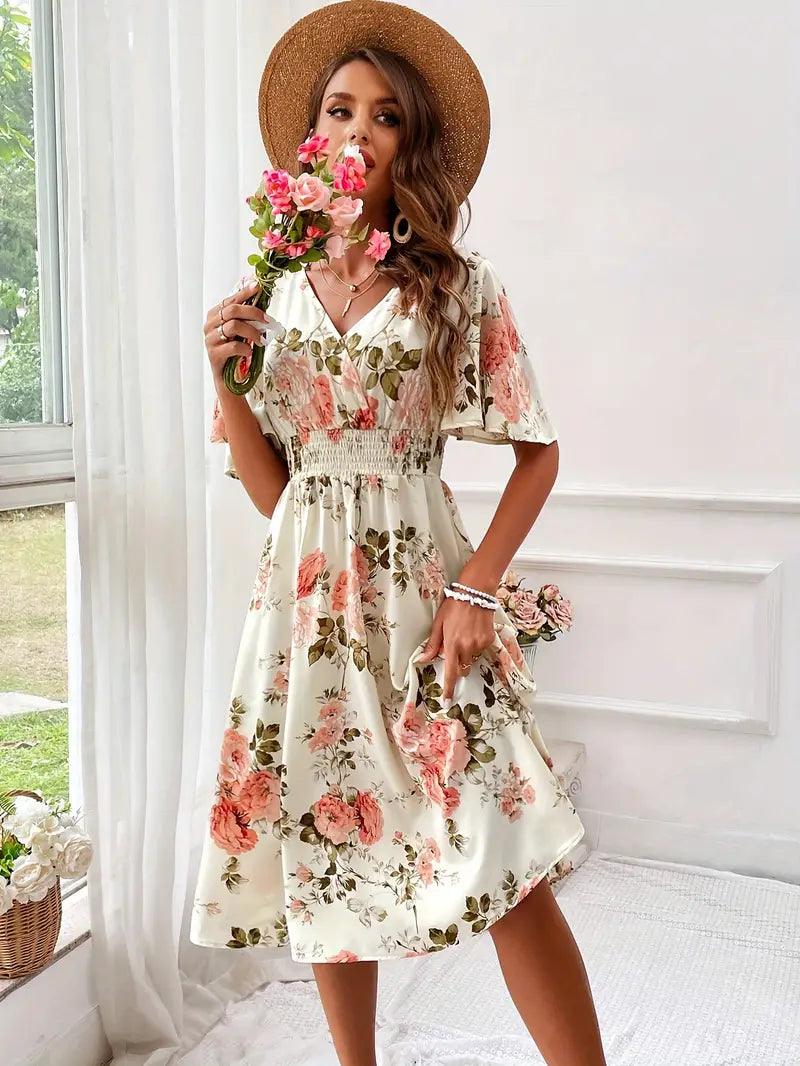 Abigail – kleid mit v-ausschnitt und blumenmuster für den sommer - LOVEZOE