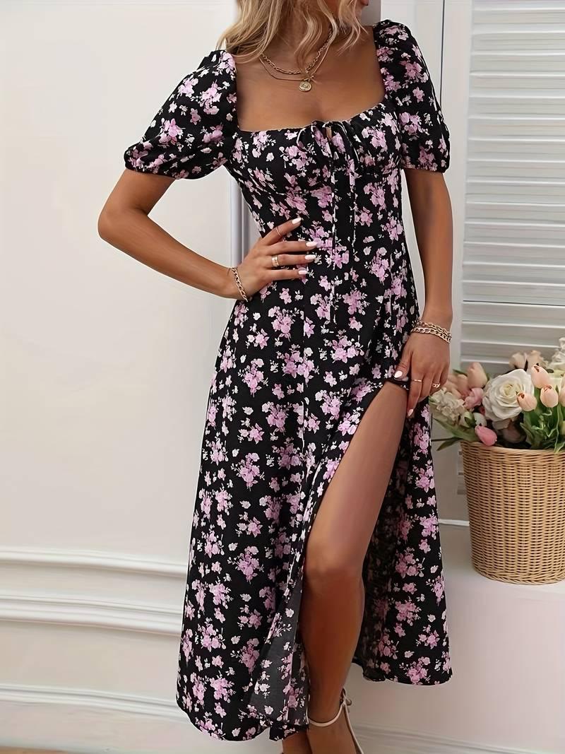 Ava – florales a-linien-kleid mit geteiltem saum für den frühling - LOVEZOE