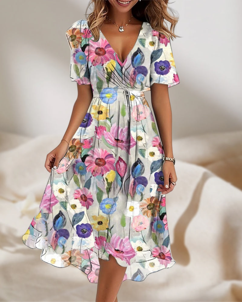 Elegantes kleid mit buntem blumendruck und v-ausschnitt