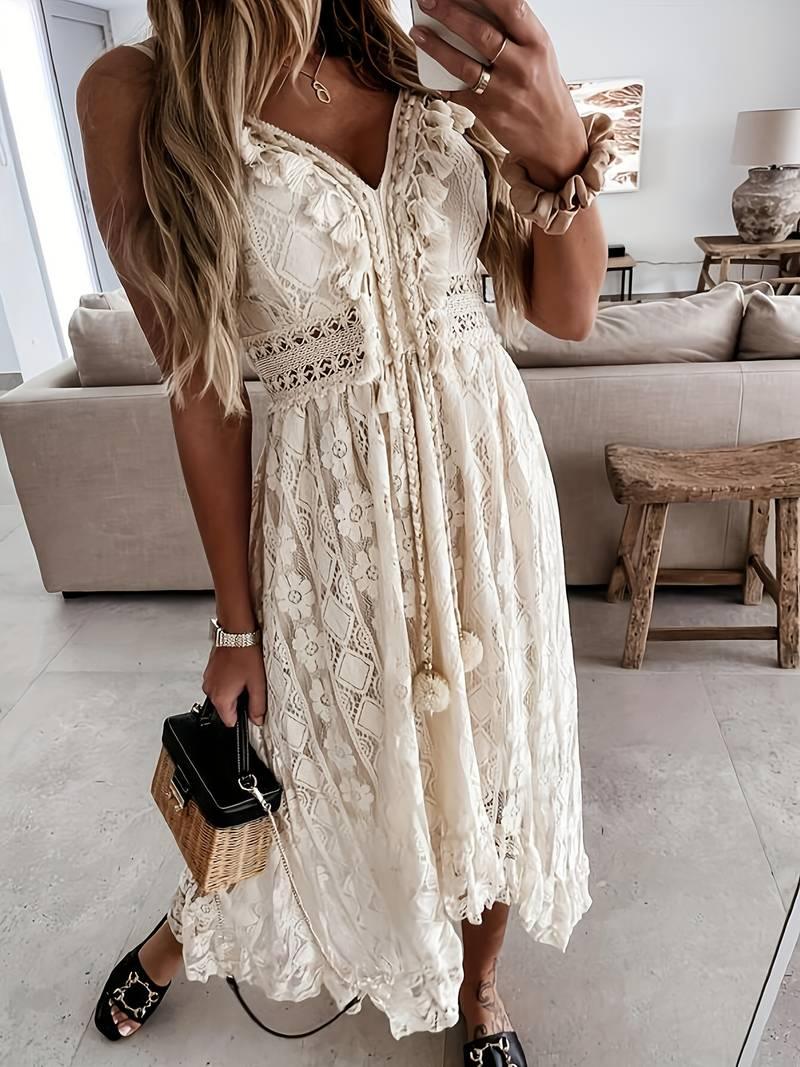 Emma – boho-maxi-sommerkleid mit spaghettiträgern und v-ausschnitt - LOVEZOE