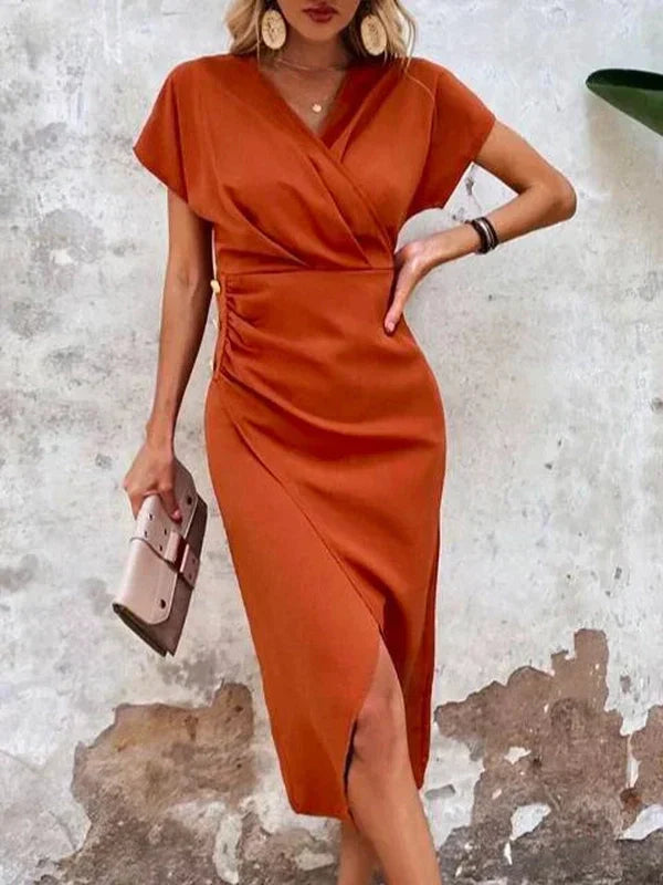 FallStil® - Orangefarbenes einfarbiges Midikleid mit V-Ausschnitt