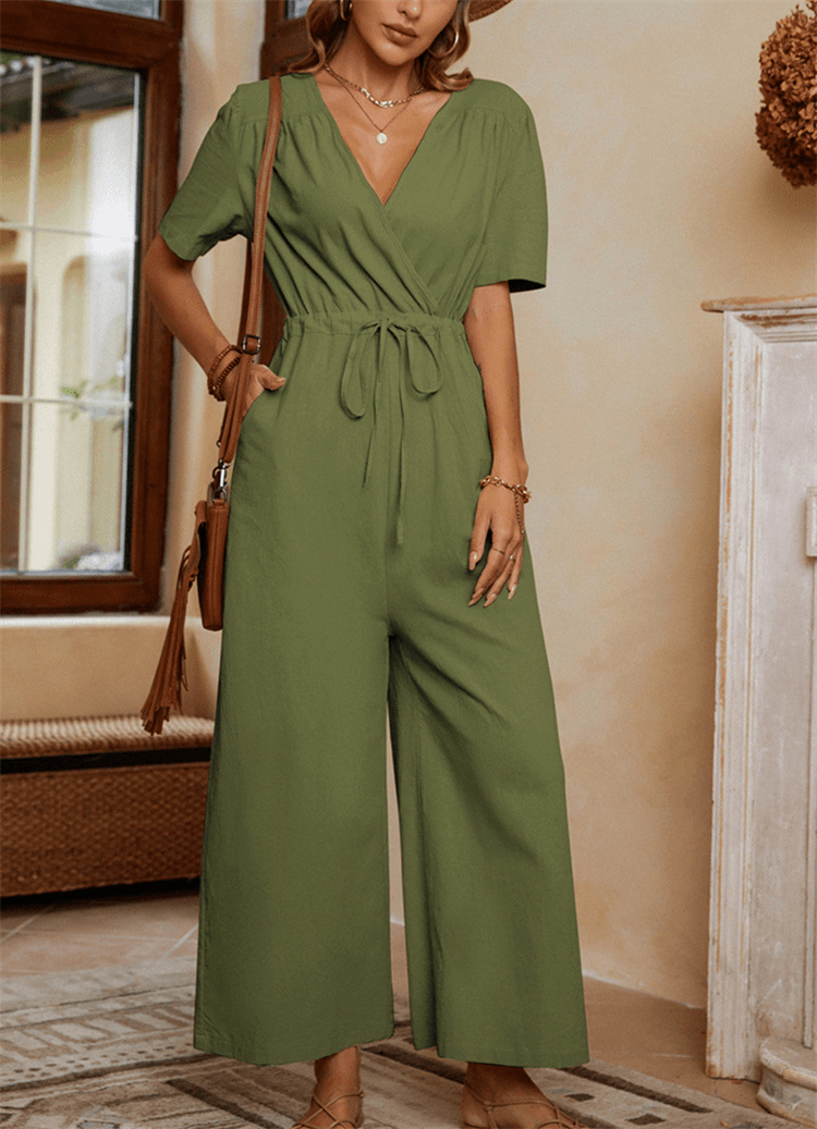 LISAA - Stylischer Leinen Wickel Jumpsuit - LOVEZOE