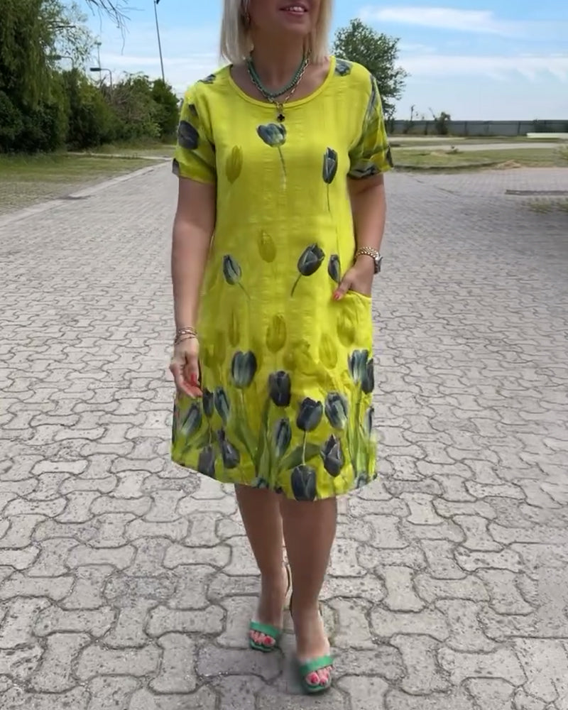 Lässiges Kleid mit Blumenmuster, Rundhalsausschnitt und Tasche