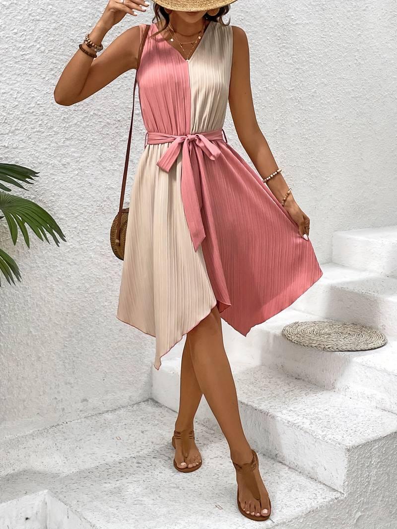 Evelyn – elegantes, asymmetrisches farbblockkleid mit v-ausschnitt und gürtel - LOVEZOE