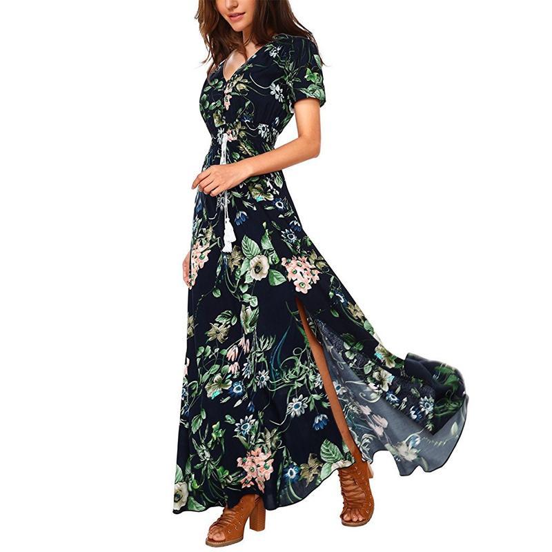 New Bohemian retro ethnischen Stil Urlaub Wind V-Ausschnitt losen langen Kleid langen Rock