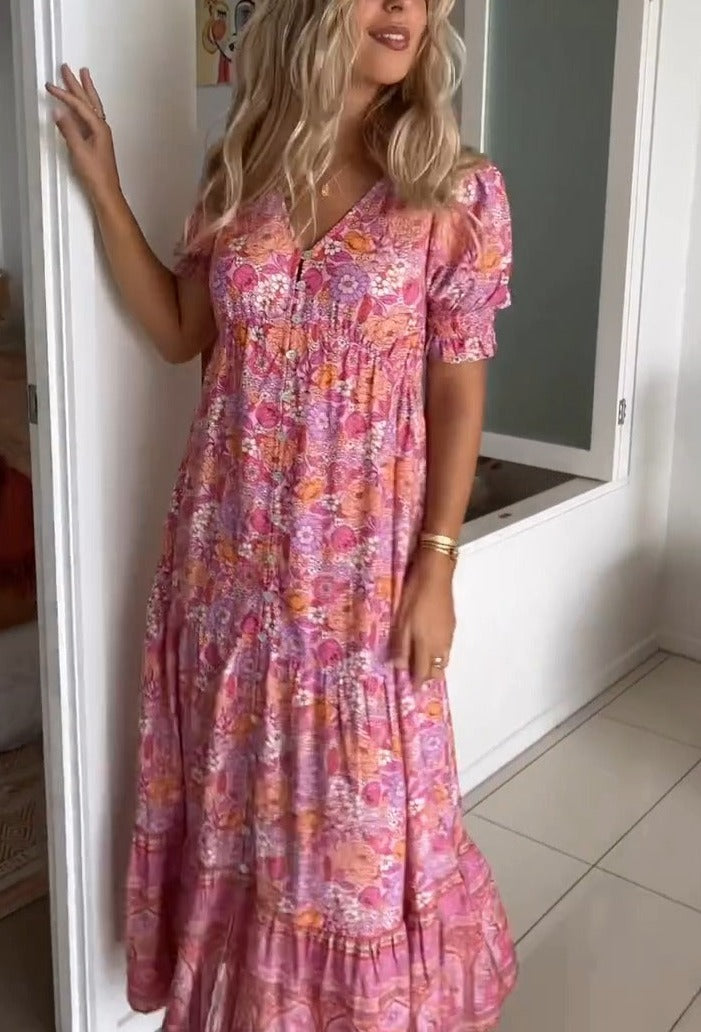 BlütenBliss® - Rosa Maxikleid mit kurzen Ärmeln