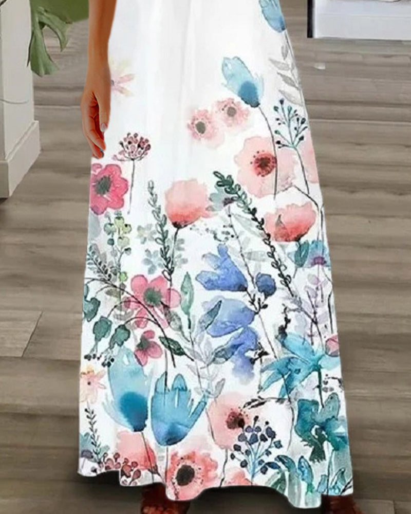 Langes Kleid mit Blumendruck und kurzen Ärmeln aus Spitze