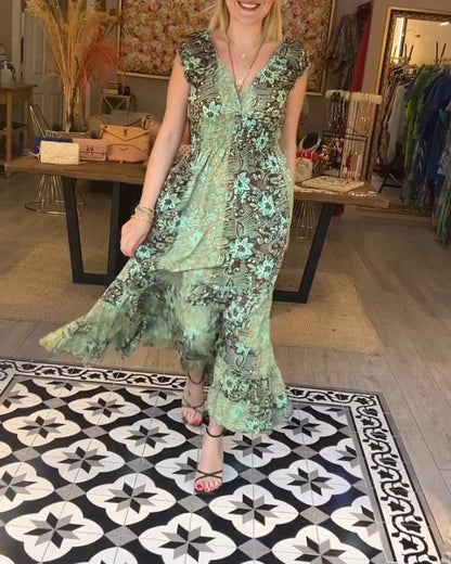 Ärmelloses, fließendes Kleid mit Blumendruck