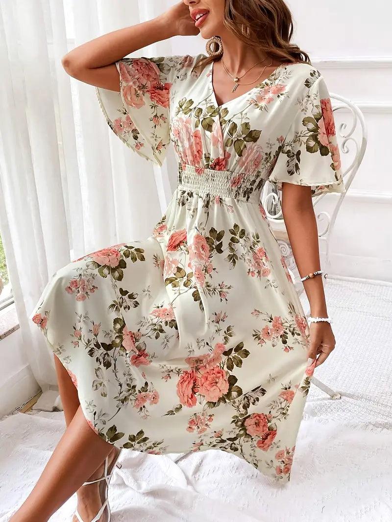 Abigail – kleid mit v-ausschnitt und blumenmuster für den sommer - LOVEZOE