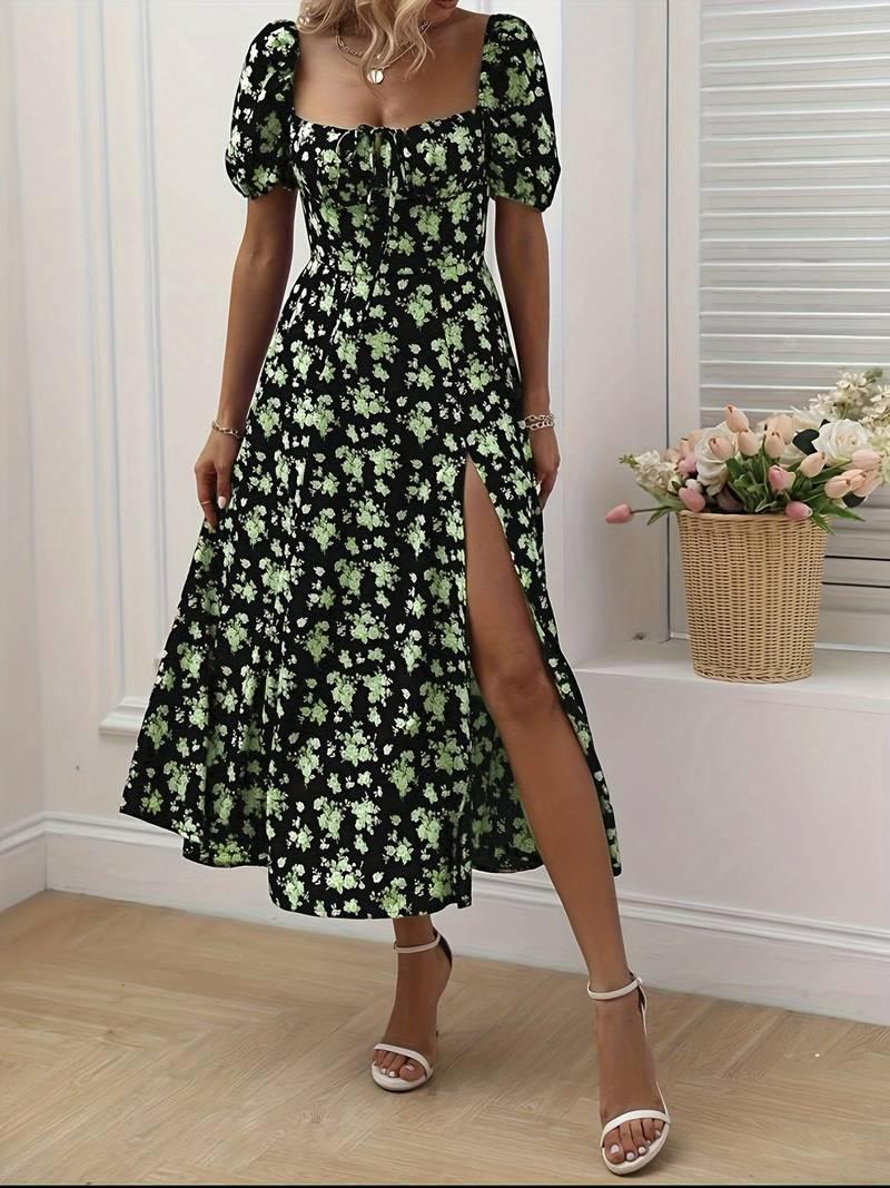 Ava – florales a-linien-kleid mit geteiltem saum für den frühling - LOVEZOE