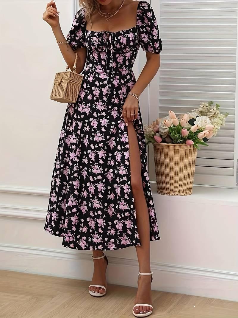 Ava – florales a-linien-kleid mit geteiltem saum für den frühling - LOVEZOE