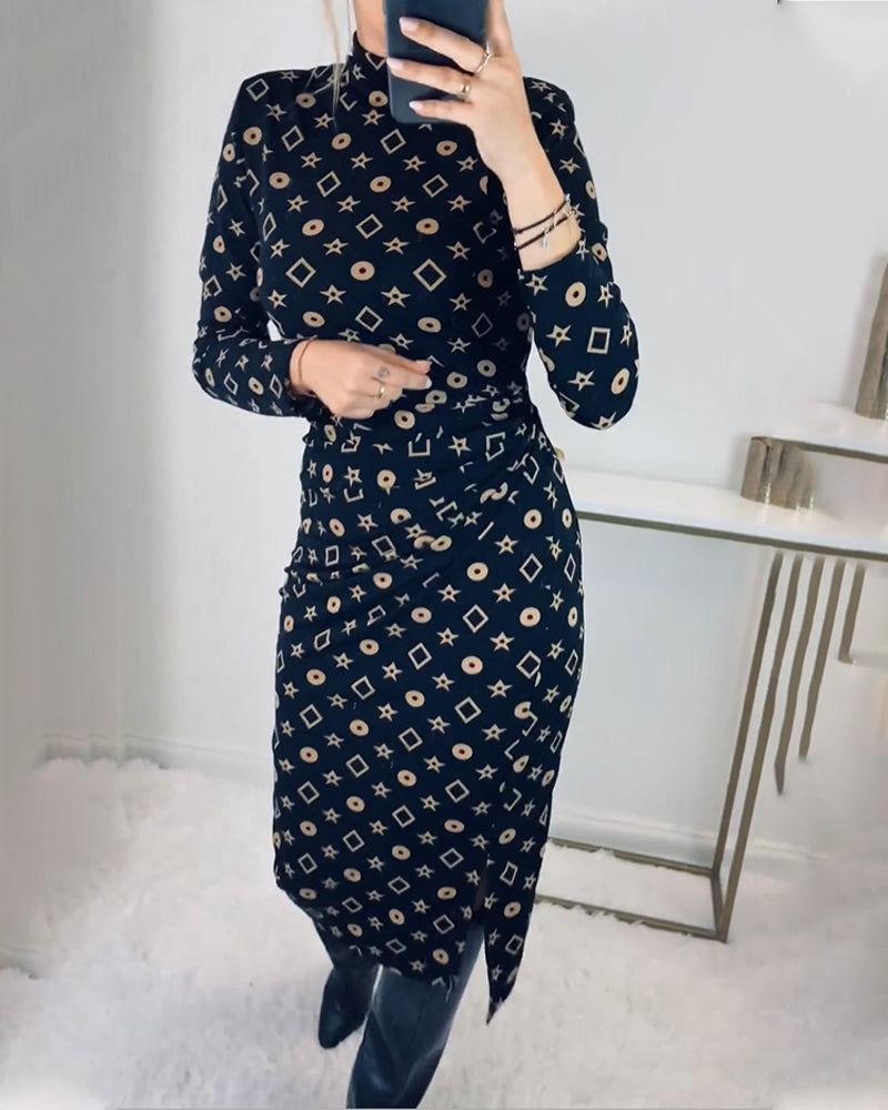 Elegantes, hochgeschlossenes Kleid mit geometrischem Print