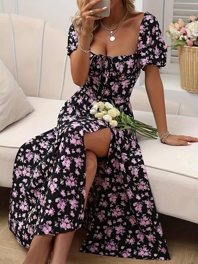 Ava – florales a-linien-kleid mit geteiltem saum für den frühling - LOVEZOE