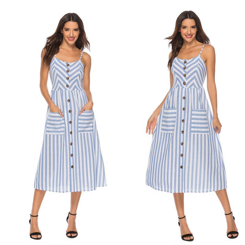 Gestreifte Spaghetti-Träger der Frauen Button-Down-Swing-Midikleid mit Taschen Sommer-Strandfest-Sommerkleid-Blau