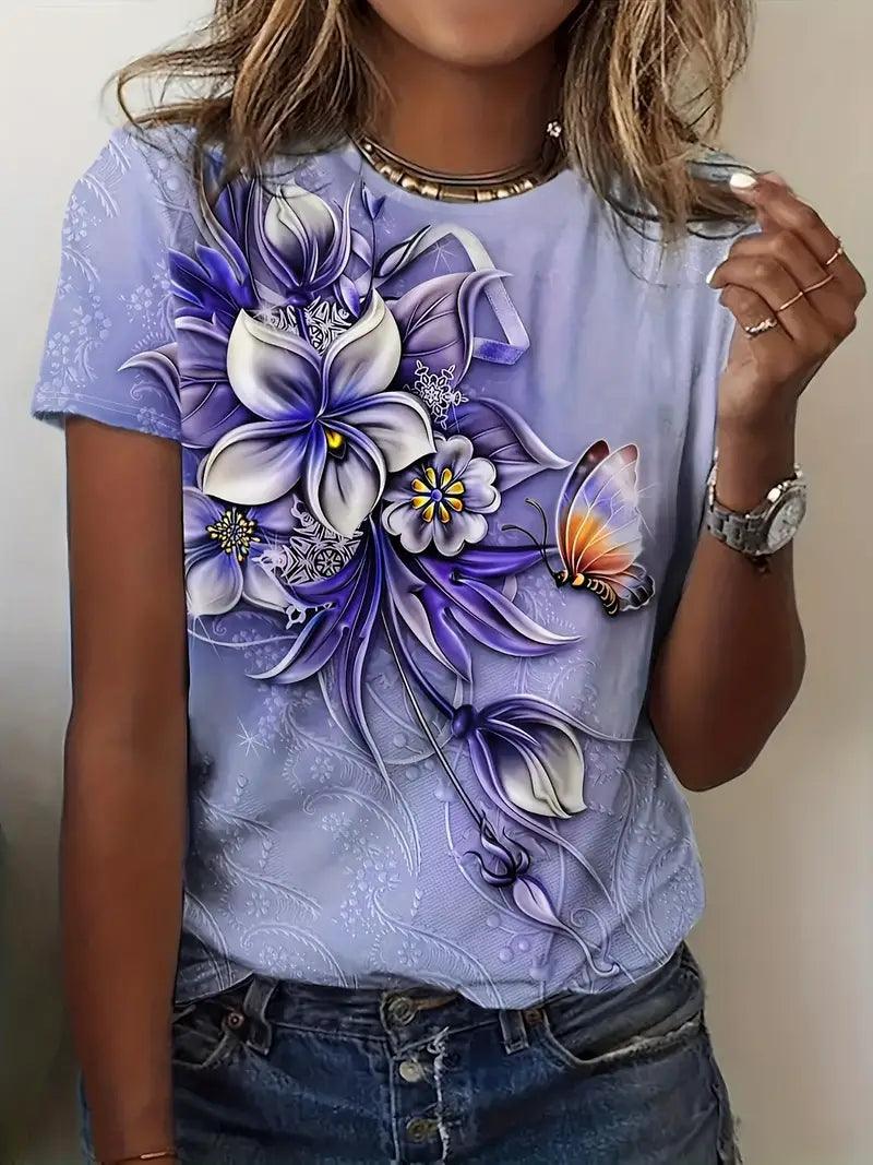 Tamika – kurzarm-t-shirt mit rundhalsausschnitt und blumendruck - LOVEZOE