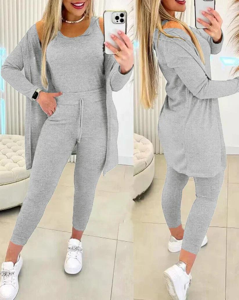 Jella – 3-teiliges set mit rundhals-top, hose und strickjacke - LOVEZOE