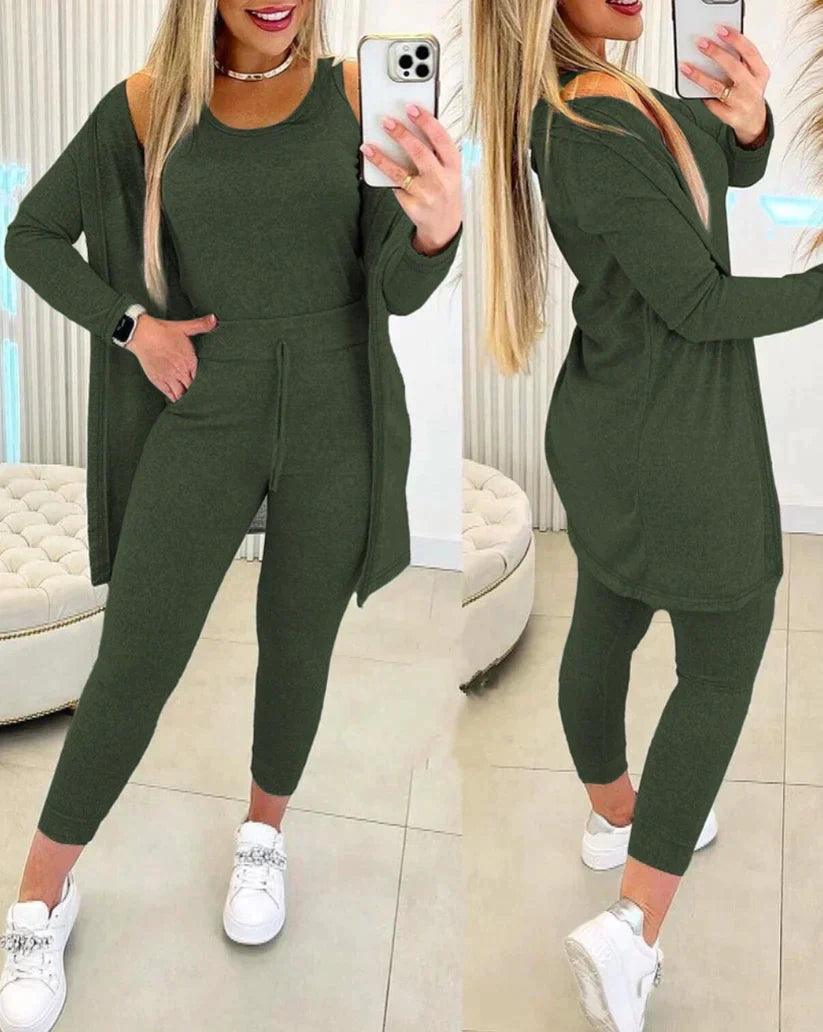 Jella – 3-teiliges set mit rundhals-top, hose und strickjacke - LOVEZOE