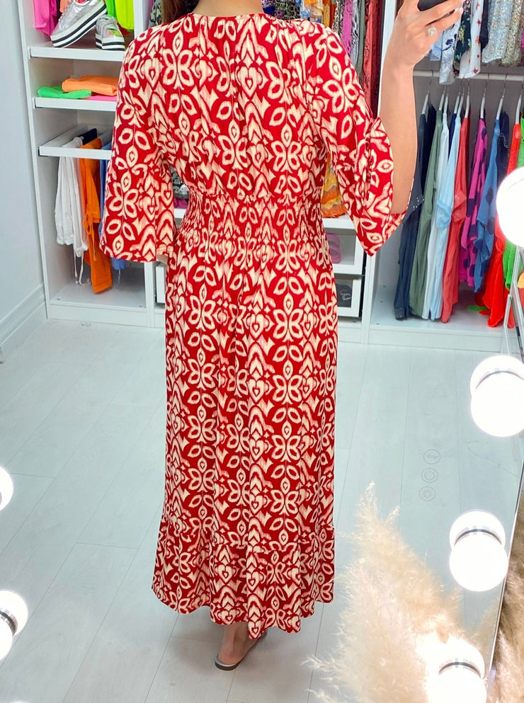 PureWear® - Rotes Mosaik-Print Maxikleid mit 3/4 Ärmeln