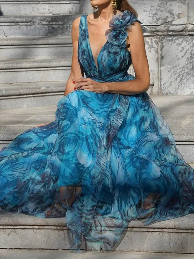 Iselke™ Bohemisches Resort-Stil Pfau Blaues Langes Kleid