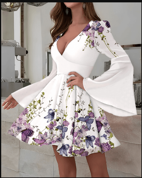 Amelia – tiefes kleid mit blumendruck und glockenärmeln - LOVEZOE