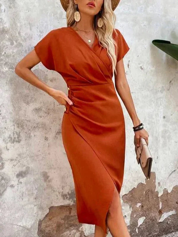 EcoExotica® - Orangefarbenes einfarbiges Midikleid mit V-Ausschnitt