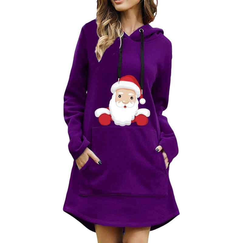 Langärmliges Pulloverkleid mit Kapuze und Weihnachtsdruck