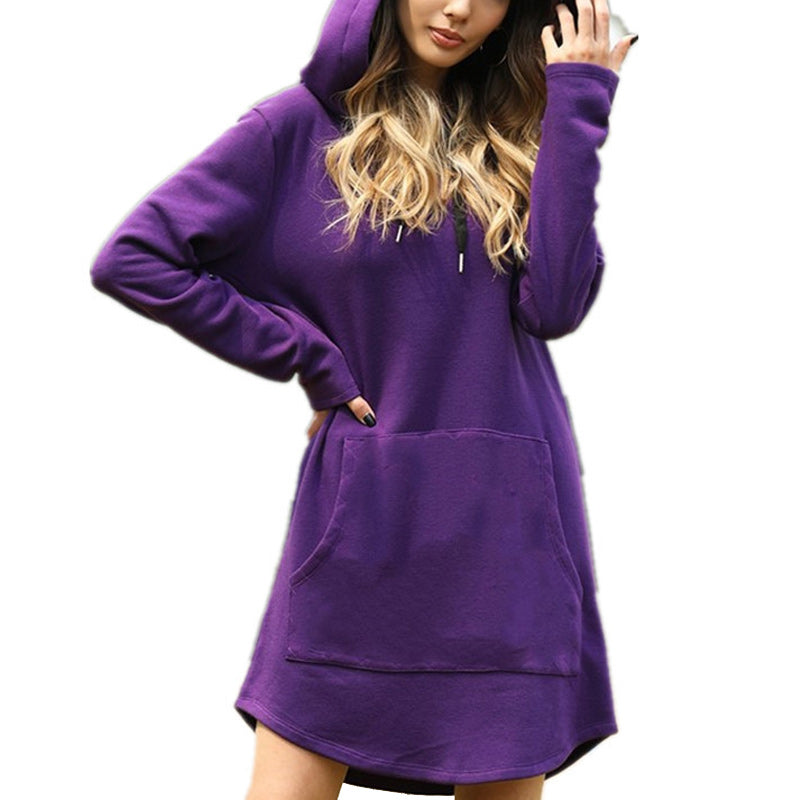 Einfarbiges langärmliges Hoody-Kleid mit Tasche