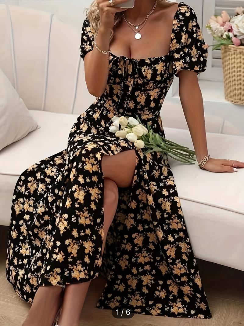 Ava – florales a-linien-kleid mit geteiltem saum für den frühling - LOVEZOE