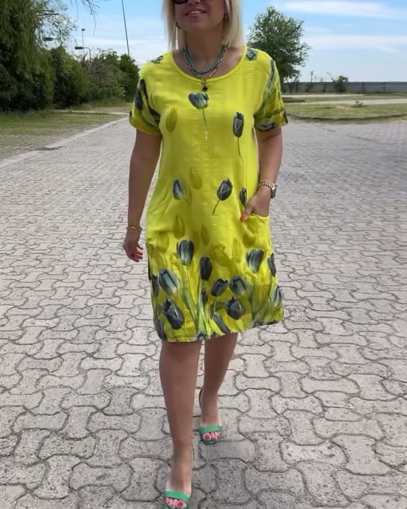 Lässiges Kleid mit Blumenmuster, Rundhalsausschnitt und Tasche