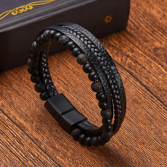 Naturstein Obsidian Magnetische Schnalle Herren Lederarmband