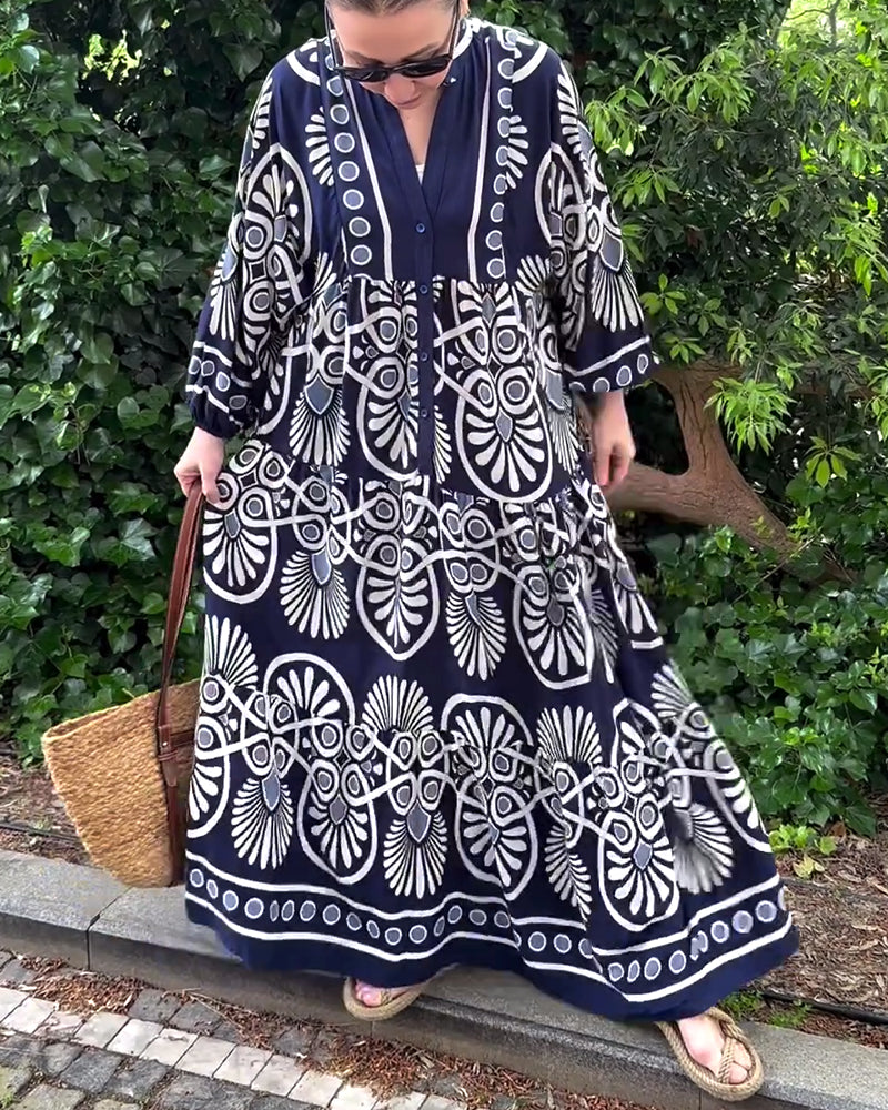 Lässiges Langarmkleid mit Retro-Print