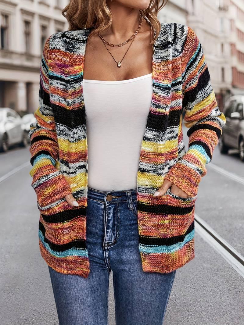 Zoe – strickjacke mit regenbogenstreifen und offener vorderseite - LOVEZOE