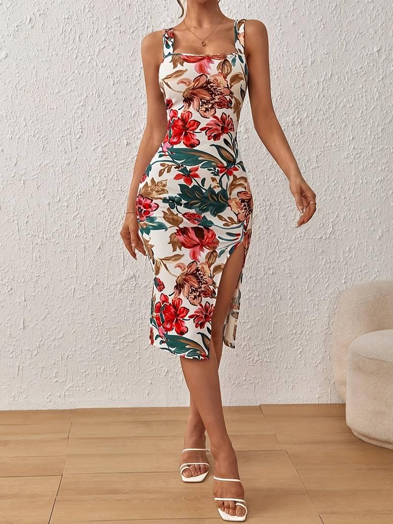 Abigail – figurbetontes kleid mit geteiltem saum und blumendruck - LOVEZOE