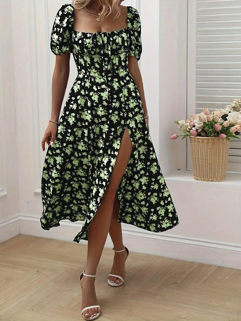 Ava – florales a-linien-kleid mit geteiltem saum für den frühling - LOVEZOE