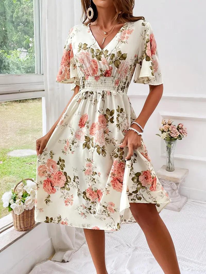 Abigail – kleid mit v-ausschnitt und blumenmuster für den sommer - LOVEZOE